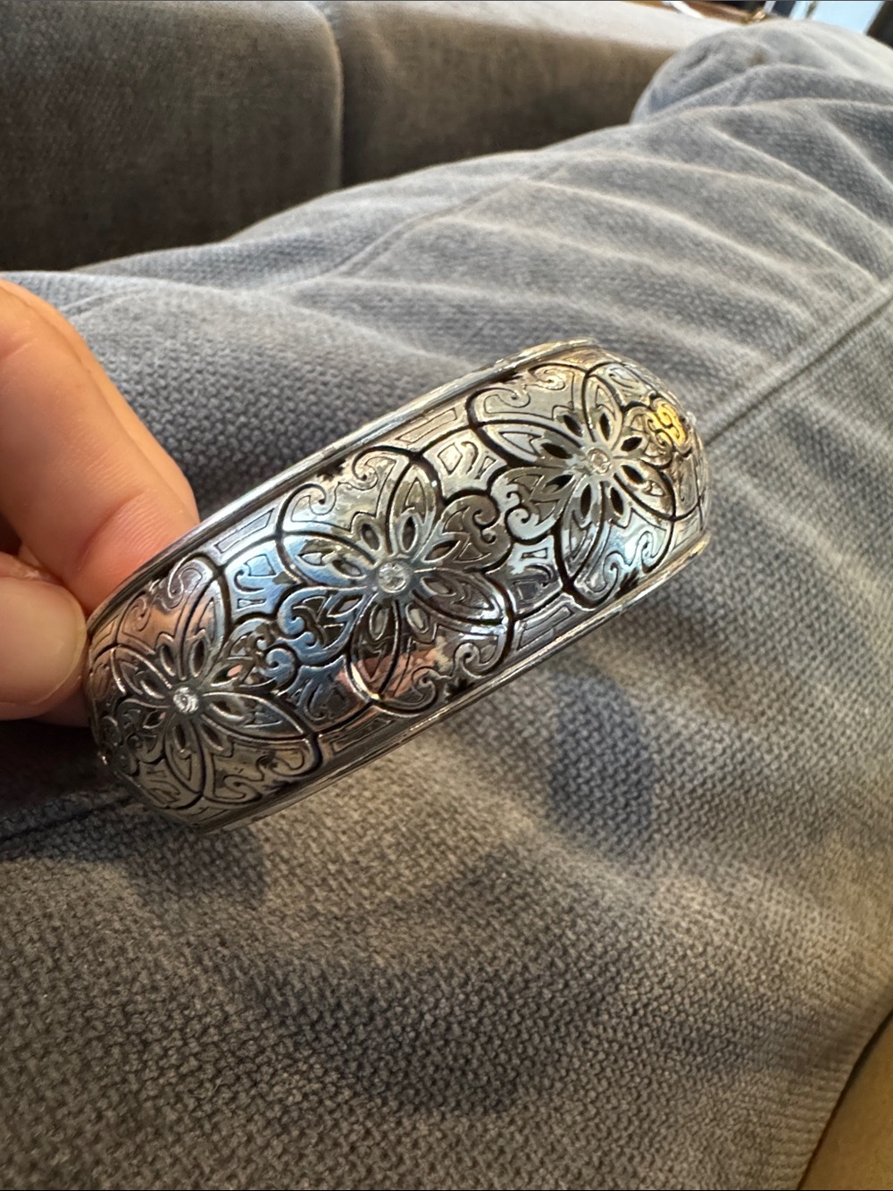 Brighton Silver Floral Engraved Bangle Bracelet with Crystal Accents - Picture 2 of 4